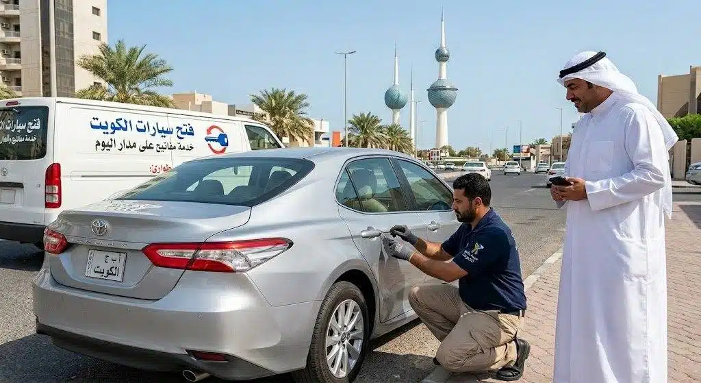 فتح سيارات الكويت بدون خدش — فني الفتح السريع يفتح باب سيارة مقفلة