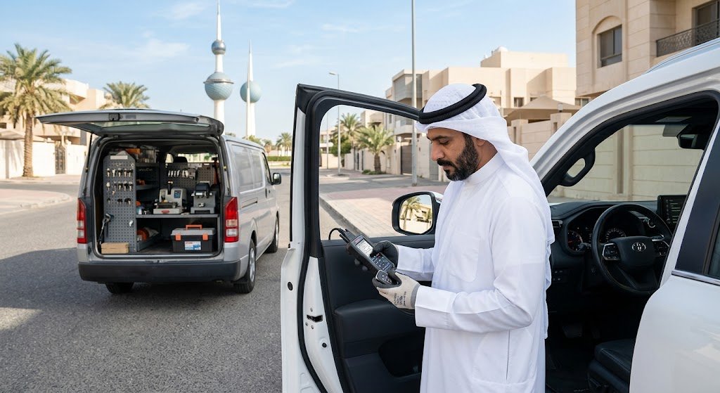قص وتشكيل مفتاح ليزر مبرمج بدقة متناهية بواسطة فني مفاتيح سيارات متنقل في الكويت لتوفير نسخة احتياطية فورية للعميل