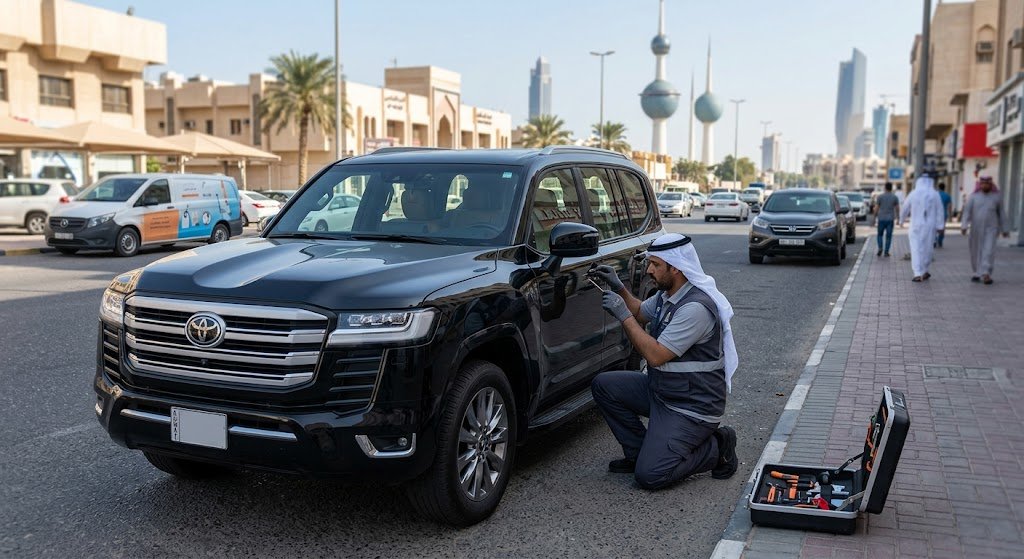 فني متخصص يستخدم أدوات دقيقة وتقنيات متطورة لفتح أقفال المركبات بأمان ضمن أعمال فتح اقفال السيارات العاصمة بالكويت لضمان استخراج المفاتيح المحتجزة دون إحداث أي خدوش أو تلف لطلاء السيارة