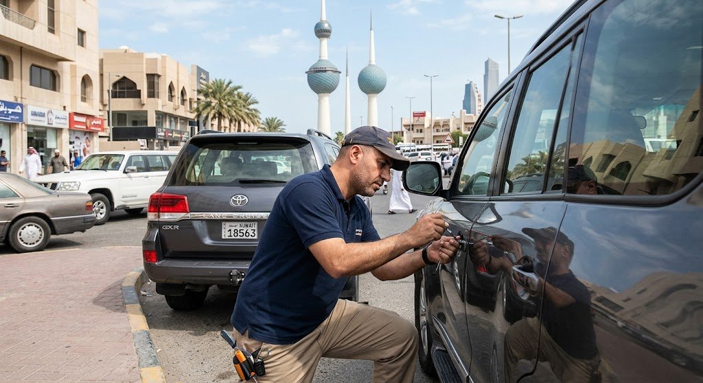 فني متخصص يعتمد على معدات دقيقة وتقنيات حديثة لفتح أقفال المركبات بأمان ضمن أعمال فتح اقفال السيارات الاحمدي بالكويت لضمان استخراج المفاتيح المحتجزة دون إحداث أي خدوش أو تلف لطلاء السيارة