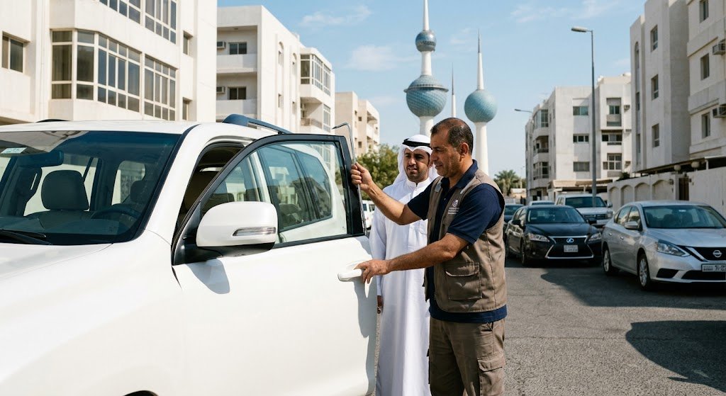 فني أقفال خبير يقوم بنسخ وبرمجة مفتاح سيارة حديثة بدقة عالية داخل ورشة متنقلة مجهزة بأحدث الآلات لتقديم الدعم الفوري للعملاء بالكويت