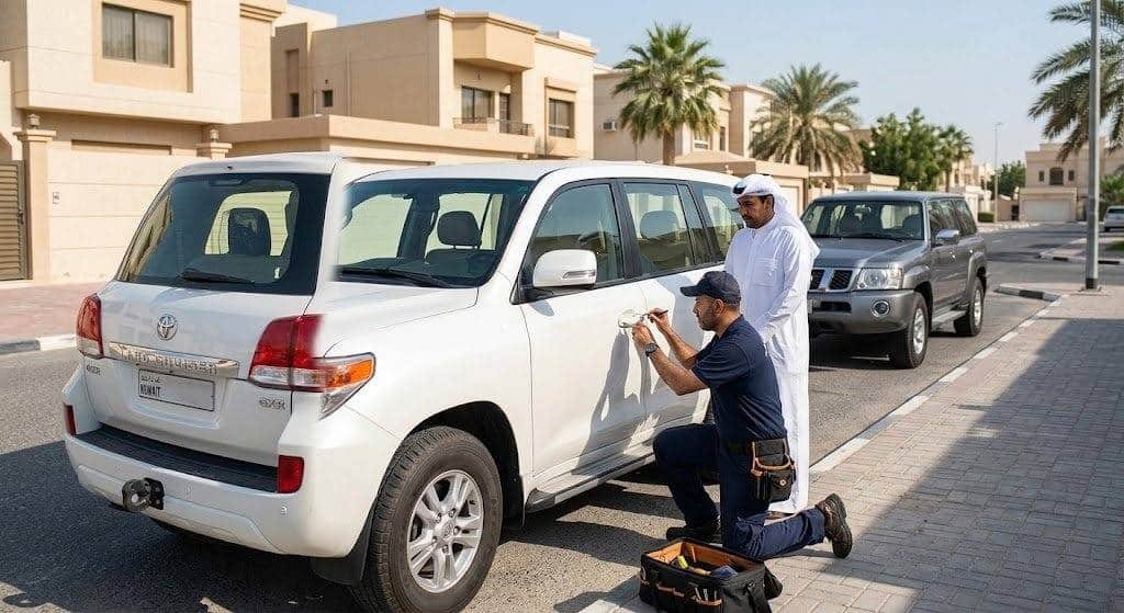 فني محترف يقوم بفتح أبواب السيارات المغلقة بأمان وسرعة عالية ضمن خدمات فتح سيارات السلام بالكويت لضمان تقديم المساعدة الفورية وراحة العملاء.