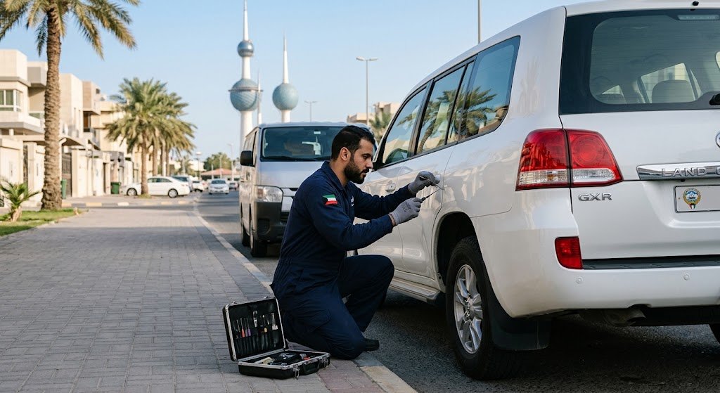 فني متخصص يقوم بفتح أبواب السيارات المغلقة بأمان ضمن خدمات فتح ابواب سيارات مشرف بالكويت