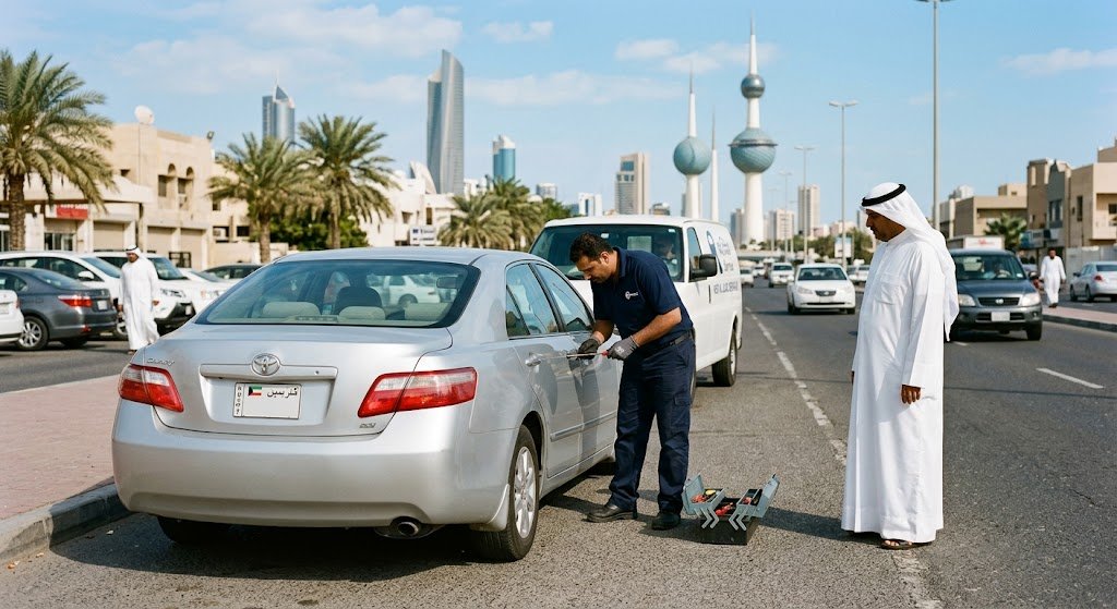 فني يستخدم أدوات متخصصة لتقديم خدمات فتح ابواب سيارات الفحيحيل بالكويت