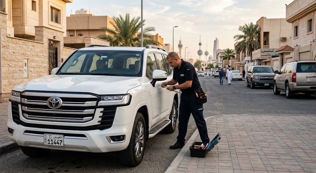 فني متخصص يقوم بفتح أبواب السيارات المغلقة بأمان ضمن خدمات فتح ابواب سيارات العدان بالكويت