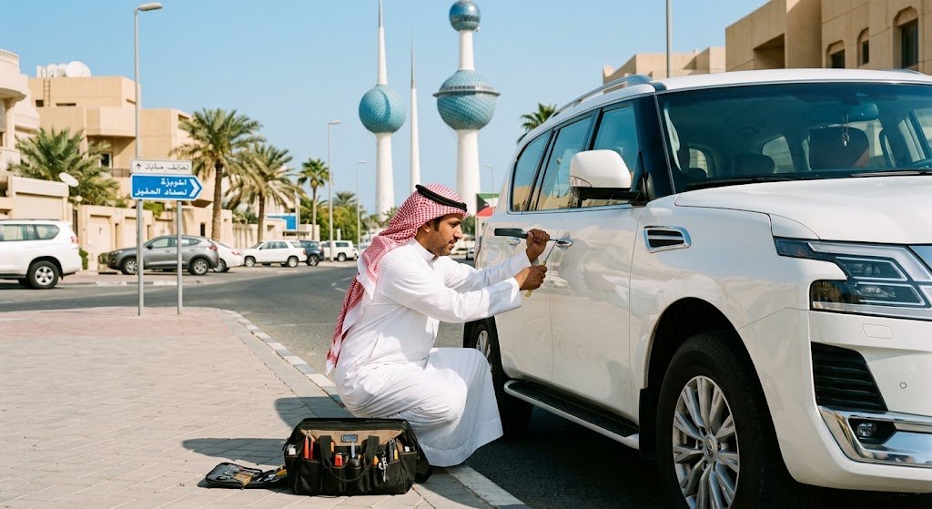 فني متخصص يقوم بفتح أبواب السيارات المغلقة بأمان ضمن خدمات فتح ابواب سيارات الري بالكويت