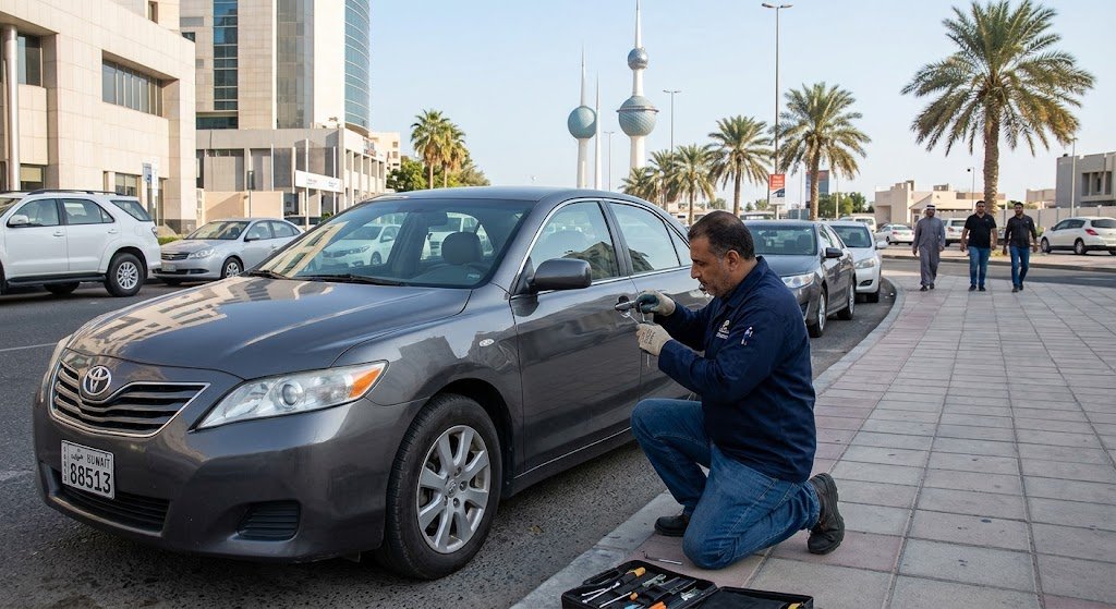 فني متخصص يقوم بفتح أبواب السيارات المغلقة باحترافية وأمان ضمن خدمات فتح ابواب سيارات العديلية بالكويت