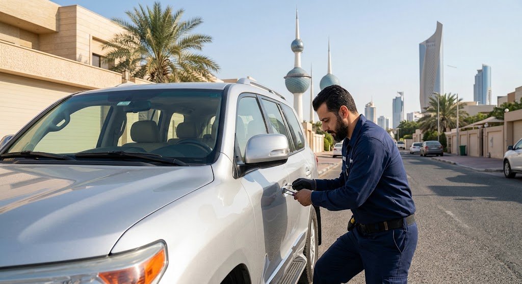 فني متخصص يقوم بفتح أبواب السيارات المغلقة بأمان ضمن خدمات فتح ابواب سيارات بيان بالكويت
