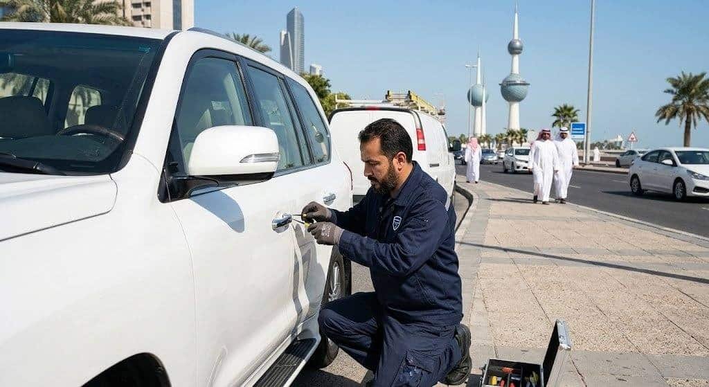 فني محترف يقوم بفتح قفل سيارة بأمان وسرعة عالية ضمن خدمات فتح سيارات الخيران بالكويت لضمان راحة وسلامة ممتلكات العملاء.