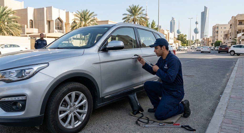 فني متخصص يقوم بفتح أقفال السيارات بأمان ضمن خدمات فتح ابواب سيارات القصور بالكويت