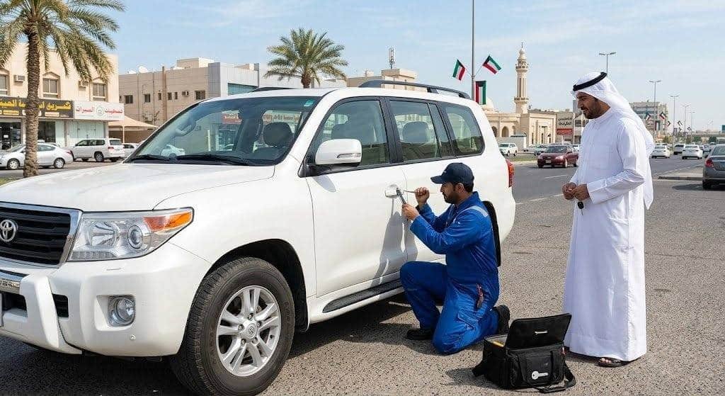 فني محترف يقوم بفتح أبواب السيارات المغلقة بأمان وسرعة عالية ضمن خدمات فتح سيارات الشهداء بالكويت لضمان تقديم المساعدة الفورية وراحة العملاء.