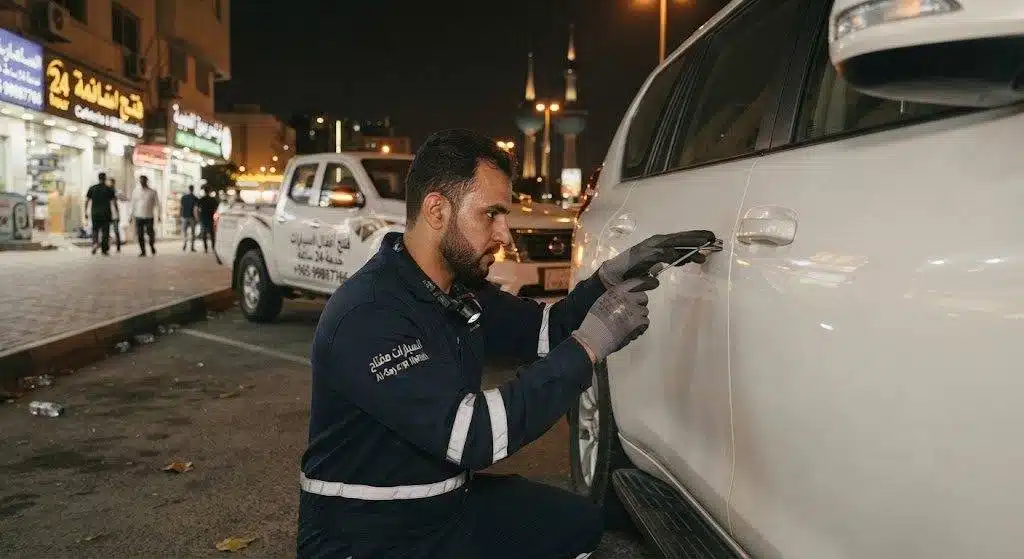 فتح سيارات مقفلة الكويت — فني يتعامل مع باب سيارة والمفتاح بالداخل
